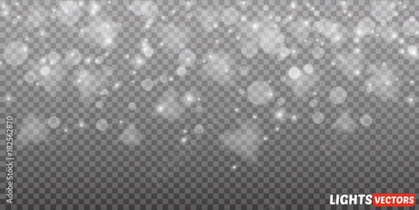 Fototapeta Snow overlay on transparent background. Vector illustration of falling snowflakes isolated. Vector template