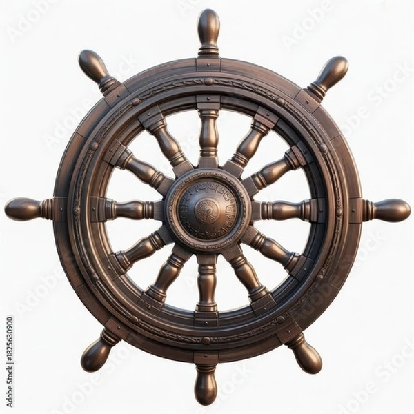 Obraz Detailed close up of a vintage wooden ship's wheel with spokes and handles on a plain backdrop