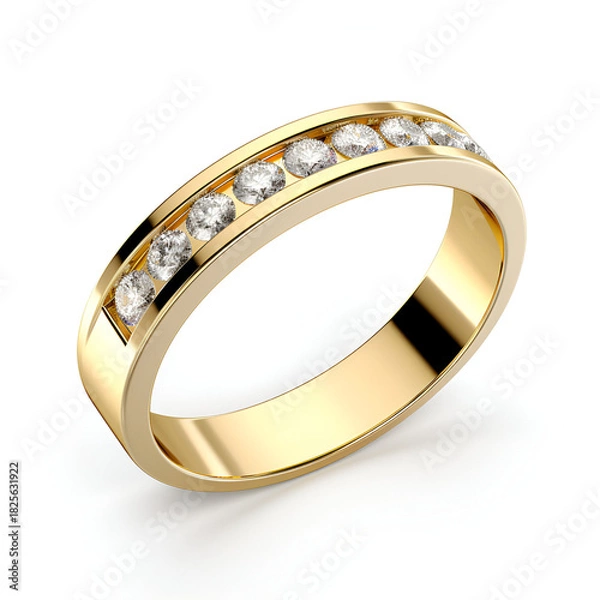 Obraz yellow gold ring with diamonds with shadow on a white backgroundA contemporary diamond ring isolated on white backgroundSingle diamond wedding ring on white background

