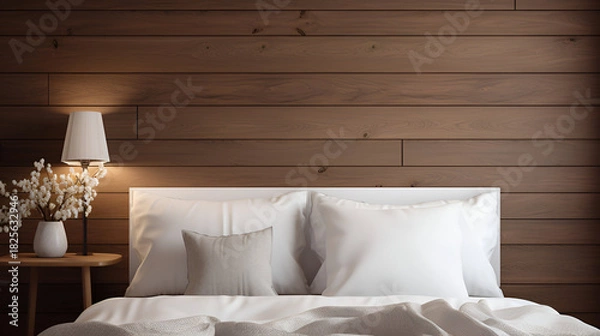 Obraz A well-designed bedroom featuring a stylish bed with a tufted headboard, complemented by elegant bedside lamps and a minimalist decor.Peaceful bedroom with natural light and clean colors

