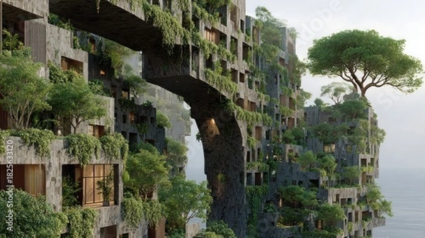Fototapeta Conceptual image of a futuristic eco-friendly building with integration of nature