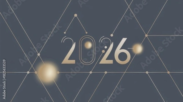 Fototapeta 2026 text on blue background with gold spheres and geometric pattern