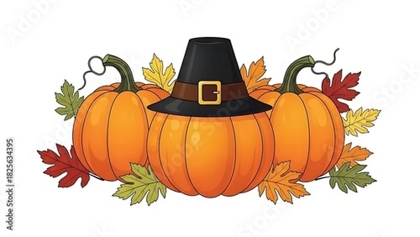 Fototapeta A festive autumn illustration featuring three ripe pumpkins, one adorned with a traditional Pilgrim hat, surrounded by colorful fall leaves for Thanksgiving