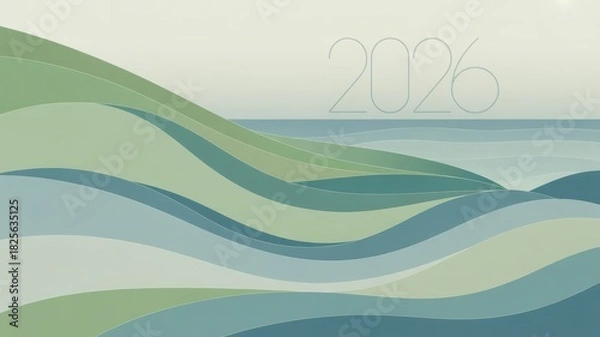 Fototapeta Happy new year 2026 design background with curvy abstract water ripple