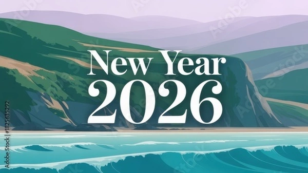 Fototapeta Happy new year 2026 greeting concept along the coast with sea background