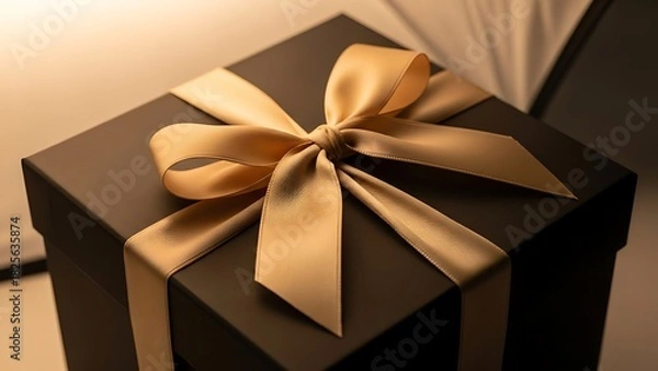 Fototapeta Elegantly Wrapped A Black Gift Box Adorned with a Luxurious Gold Ribbon and Bow