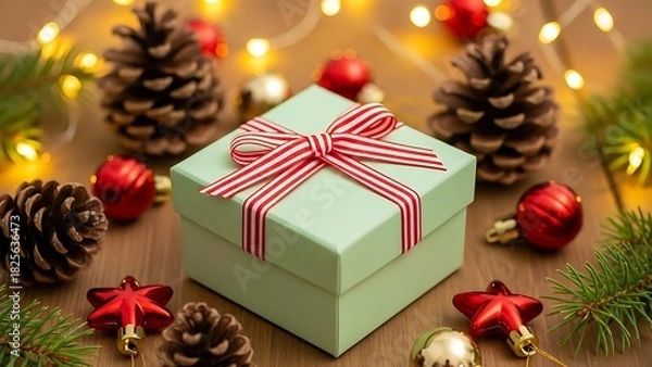 Fototapeta Festive holiday gift box with a striped ribbon, surrounded by natural pine cones, red ornaments, and twinkling lights on wood, capturing the joy of Christmas