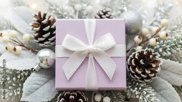 Fototapeta Elegant Gift Box with White Bow Surrounded by Winter Foliage and Festive Decorations