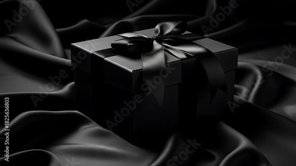 Fototapeta Elegant Black Gift Box Tied with a Satin Ribbon on a Dark, Flowing Fabric Surface