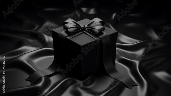 Fototapeta Elegant black gift box wrapped with a satin ribbon and bow, resting on luxurious dark silk fabric, evoking a sense of mystery, sophistication, and exclusive celebration