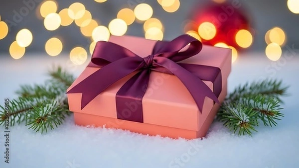 Fototapeta A wrapped gift box with purple ribbon, fir branch and bokeh lights background