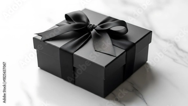 Fototapeta An elegant black gift box tied with a luxurious satin ribbon bow, presented on a sophisticated white marble surface for a special celebration