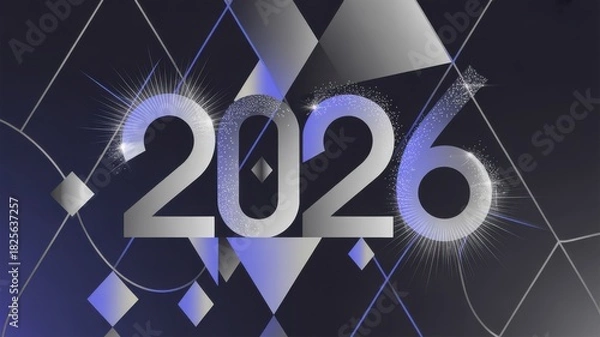 Fototapeta Illustration of sparkling year 2026 with abstract geometric shapes in silver