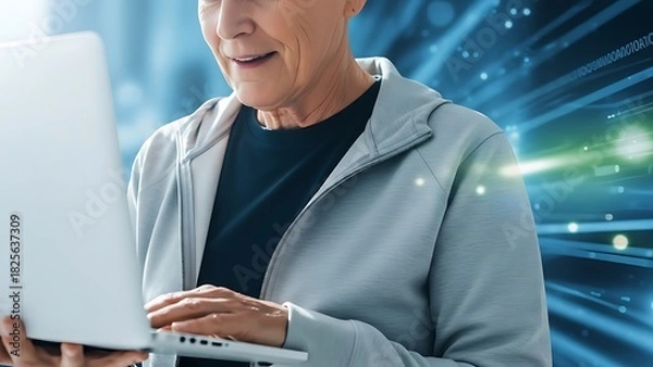 Fototapeta Focused senior individual adeptly using a laptop, navigating a dynamic digital world with glowing data streams and technological pathways, symbolizing modern connectivity and innovation