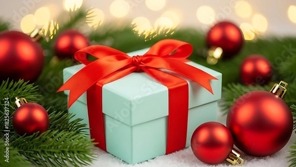 Fototapeta Festive Gift with Red Bow and Ornaments Amidst Evergreen Sprigs