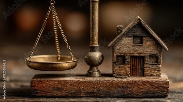 Fototapeta Conceptual image of a house on a balance scale representing property and law