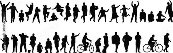 Obraz Large collection of diverse people silhouettes performing various activities, men and women dancing, walking, sitting, and cycling, vector illustration set