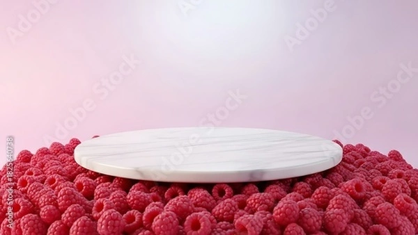 Fototapeta Raspberry platform: A marble disc atop a bed of fresh raspberries.
