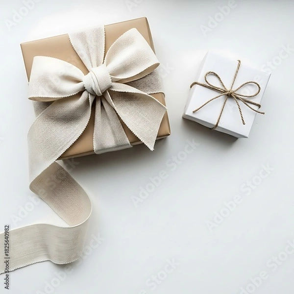Fototapeta Two beautifully wrapped gift boxes, one with a large cream bow and one with twine, on a white background.
