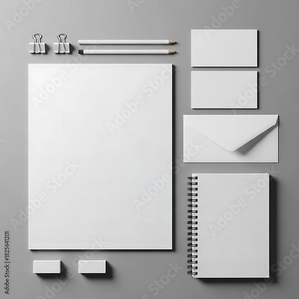 Fototapeta Blank white stationery items including paper, cards, pencils, and notebook on a grey background.