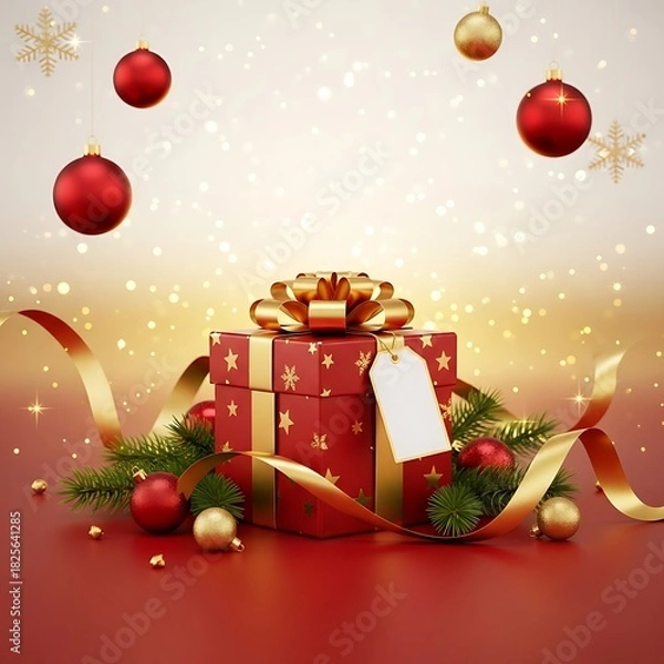 Fototapeta Elegant red Christmas gift box with golden ribbon and festive ornaments on a sparkling holiday background.