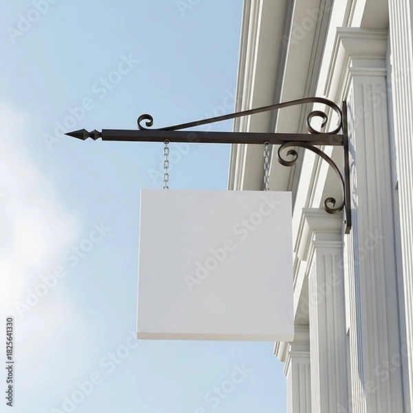 Fototapeta Blank square sign hanging from a building facade with columns.