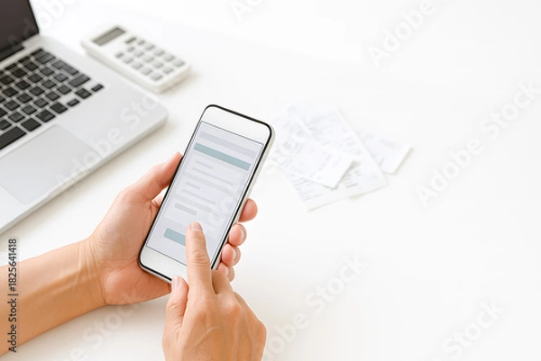 Obraz スマホでe-Taxオンライン確定申告をする日本人の手元とホワイトデスクのイメージ