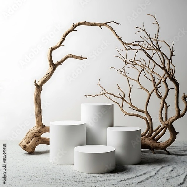 Fototapeta A minimalist product display featuring white cylindrical platforms and dry branches against a neutral backdrop.