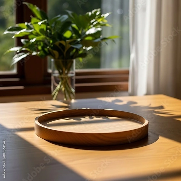 Fototapeta An empty round wooden tray sits on a sunlit table with the shadow of a plant, with a vase of green leaves in the background.