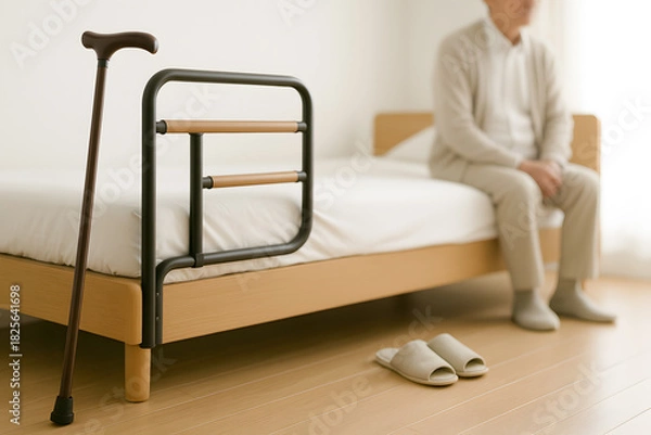 Obraz 介護ベッドと手すりと杖が並ぶ高齢者向け転倒防止の寝室イメージ