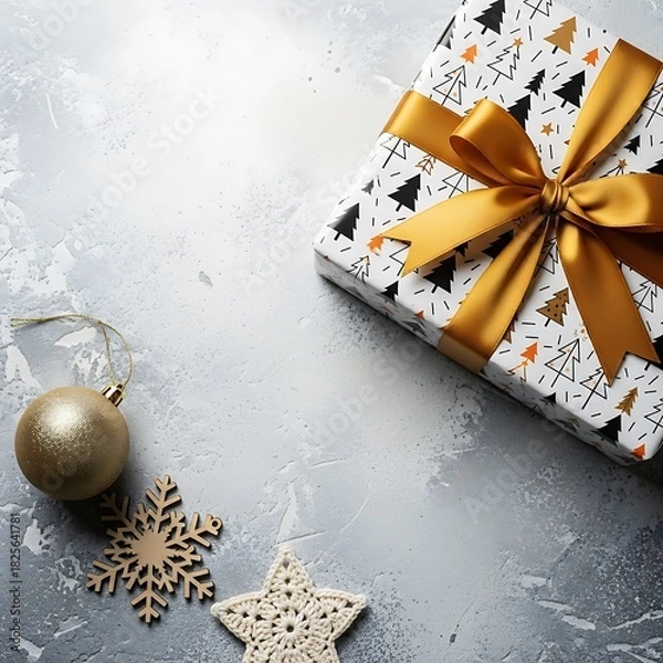 Fototapeta Festive gift box with gold ribbon and ornaments on a textured surface.
