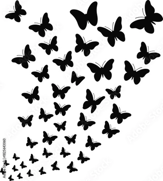 Obraz Flock of black butterfly silhouettes flying upwards, concept of freedom, nature, spring, transformation, and beauty isolated on white background