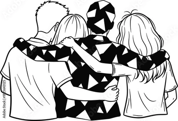 Obraz Group of four friends hugging, back view, vector line drawing, youth togetherness concept, unity, friendship, and support illustration.