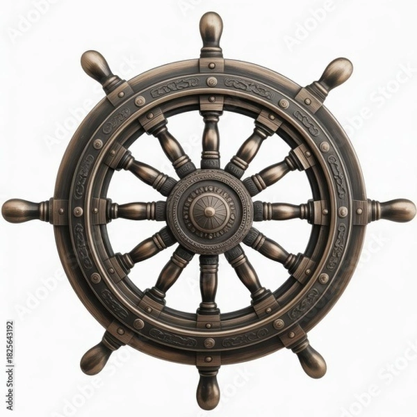 Obraz Detailed close up of a vintage ship's wheel with intricate designs on a white background