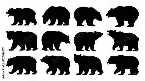 Fototapeta Collection of twelve distinct black bear silhouettes, depicting various natural poses and behaviors, ideal for graphic design and wildlife projects.
