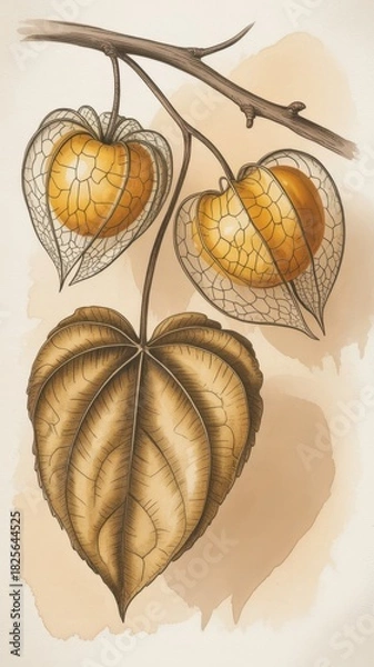 Obraz Botanical illustration featuring two physalis fruits and a large leaf hanging from a branch