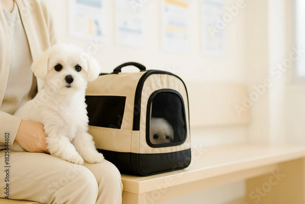 Obraz 動物病院の待合室でペットキャリーバッグに入って診察を待つ白い小型犬