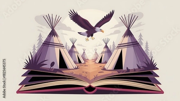 Fototapeta Open book with Native American village and eagle teepee