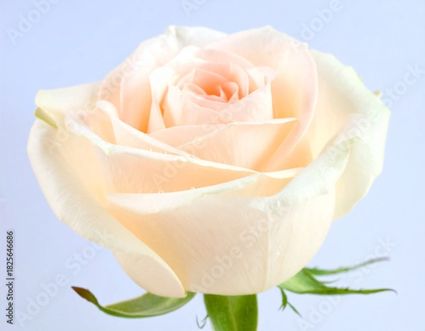 Obraz Soft Peach Rose Flower with Dew Drops on Blue Pastel Background, Romantic Minimal Floral Macro for Wedding, Love, Beauty, and Elegant Design Concept