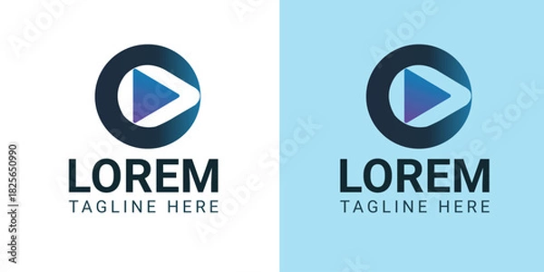 Obraz Dark Blue Circle Play Button Logo with Gradient Triangle on White and Blue Backgrounds