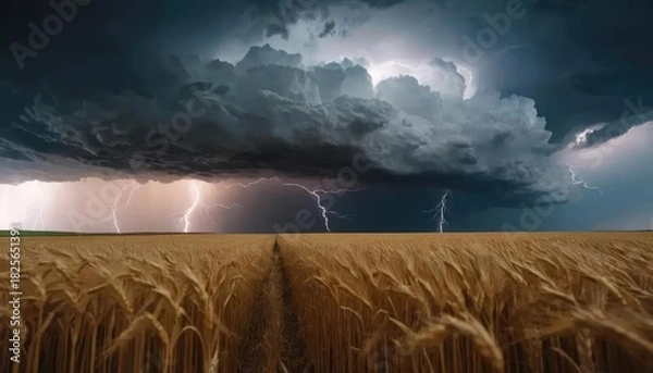 Fototapeta Majestic Golden Wheat Fields Bathed in the Eerie Glow of Multiple Lightning Strikes Under a Fierce Summer Thunderstorm Sky
