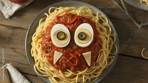 Fototapeta Spaghetti Monster Face with Egg Eyes and Cheese Teeth