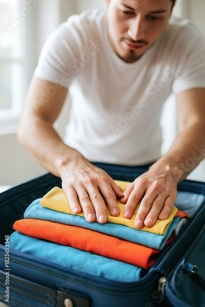 Fototapeta A man in a crisp white shirt neatly folds and stacks colorful summer clothes into an open suitcase, symbolizing travel preparation, packing organization, and vacation wardrobe planning.