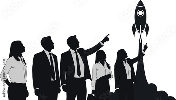 Obraz Business team celebrating rocket launch, startup success, innovation, teamwork, leadership, project growth, ambition, silhouette concept, future vision, achievement