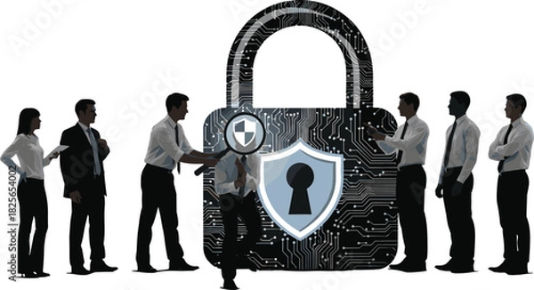 Obraz Business team inspecting digital padlock with magnifying glass, cybersecurity concept, data protection, corporate safety, privacy compliance, network firewall technology illustration