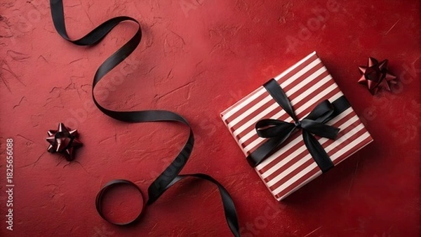 Fototapeta Elegant gift box with black ribbon on a textured red background