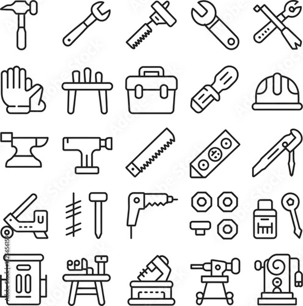 Obraz Construction and Workshop Tools Icons Keywords: hammer, wrench, saw, toolbox, hard hat, anvil