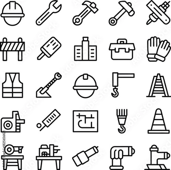 Obraz Industrial and Construction Icon Set Keywords: hard hat, helmet, wrench, hammer, tool