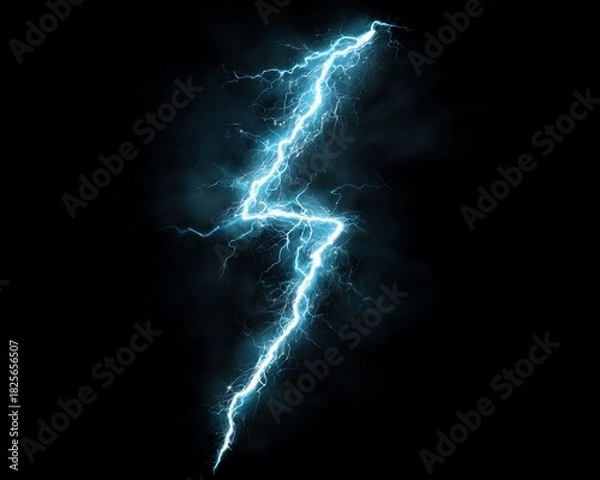 Obraz Electrical Blue Lightning Bolt Against a Dark Black Background with Energetic and Volatile Energy Bursting in Atmospheric Electric Discharge Display