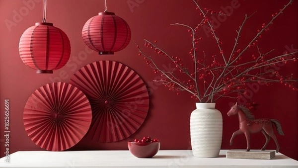 Fototapeta Festive red decorations for lunar new year celebration with lanterns and paper fans